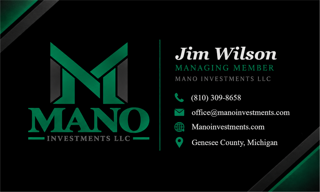Mano Investments business card front with contact information